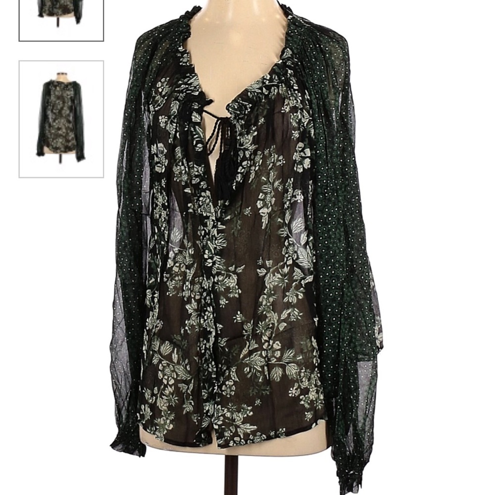 Free People Green Floral Long Sleeved Blouse Small
